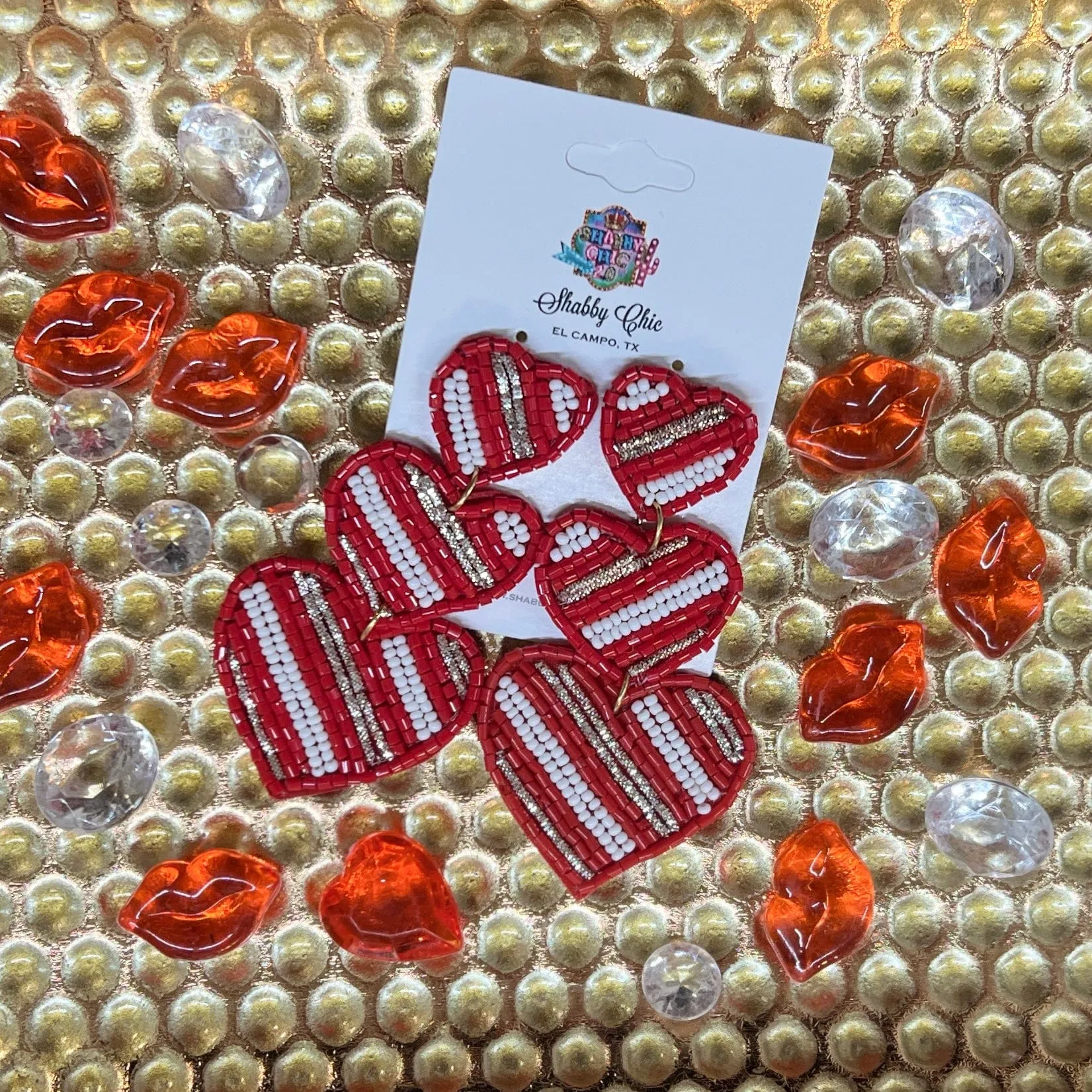 Beaded Red/White Hearts Earrings