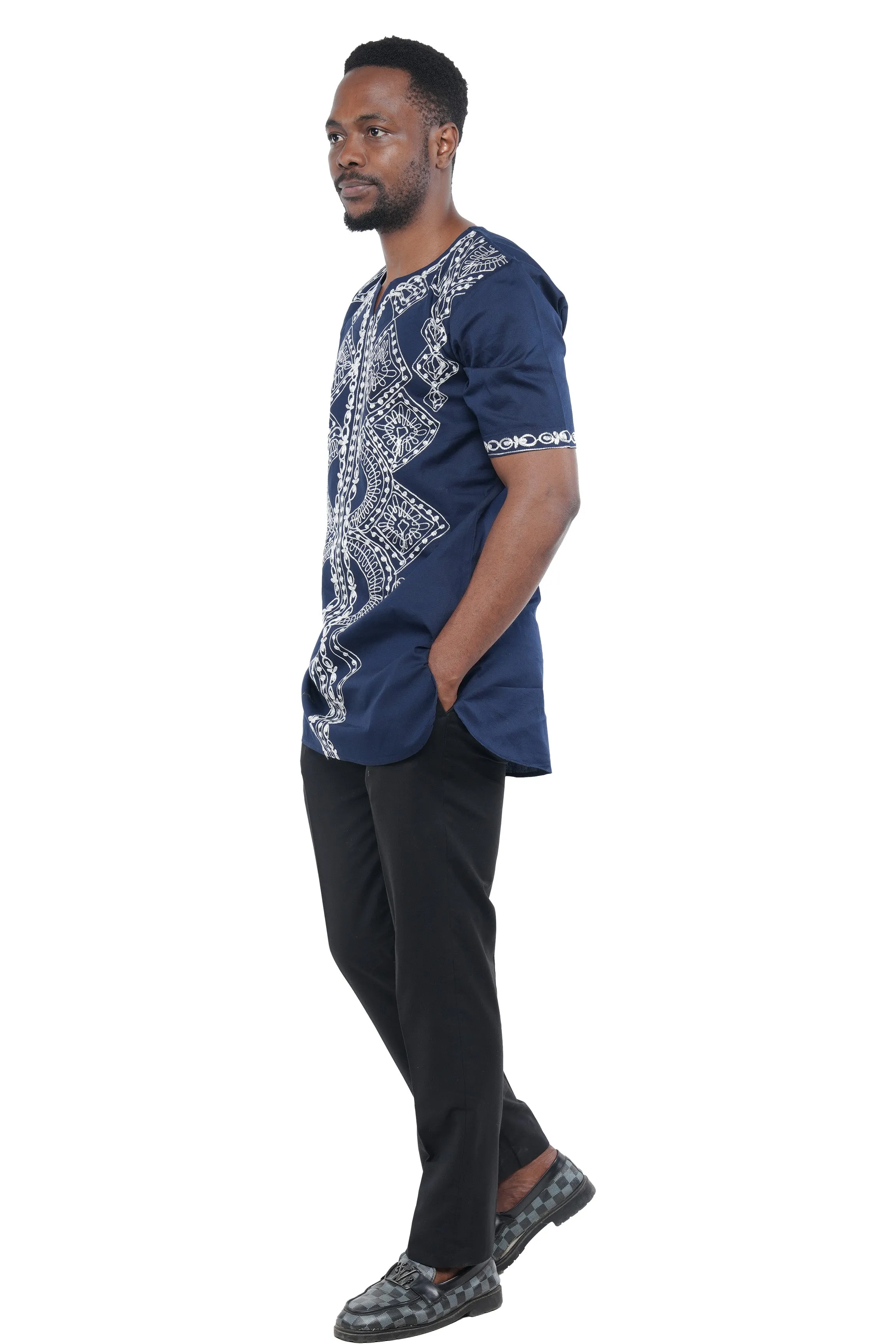 Black White Embroidered Long Dashiki Shirt For Men