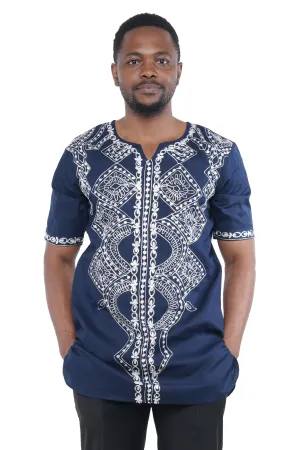 Black White Embroidered Long Dashiki Shirt For Men