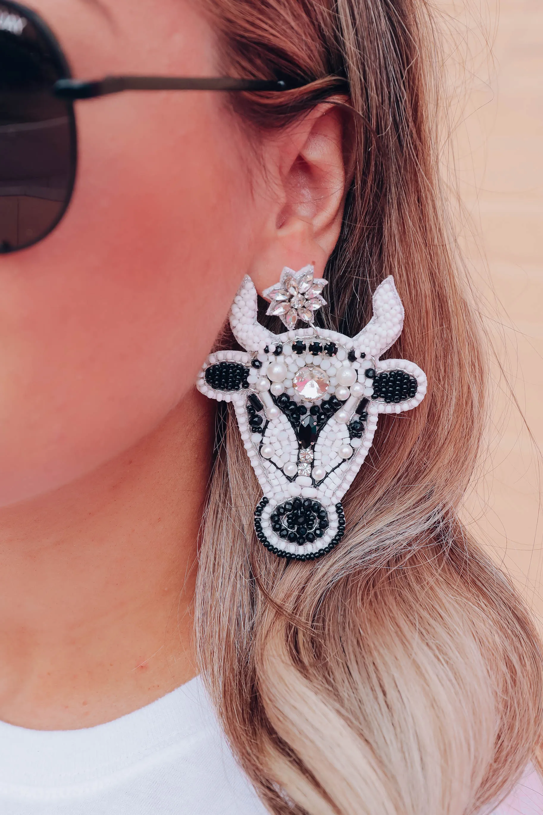 Black/White Beaded Bull Head Earrings