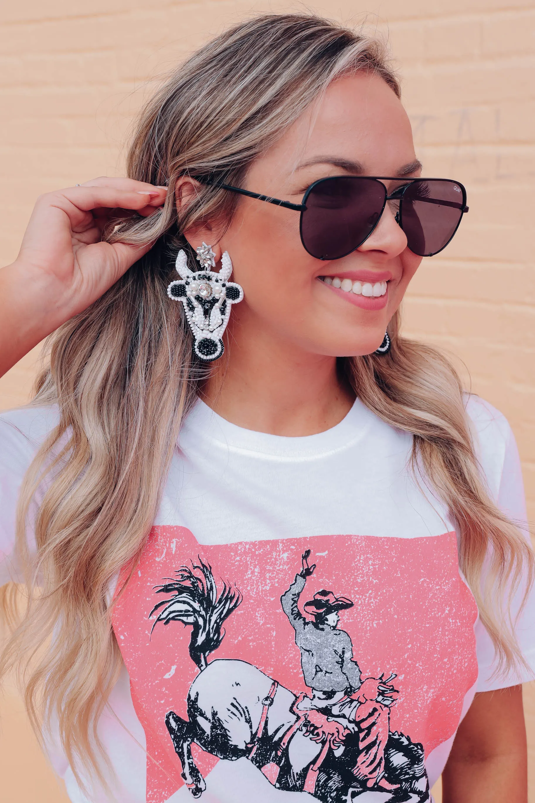 Black/White Beaded Bull Head Earrings