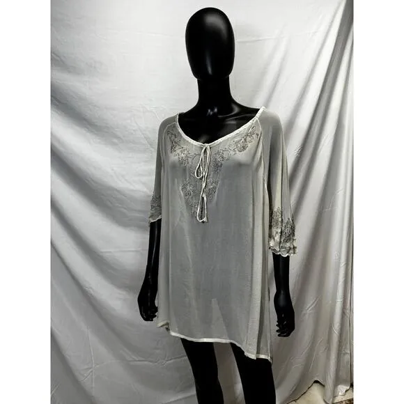 Chaudry KC Beaded Sleeve Sheer Nude Cover Up Dress Sz S