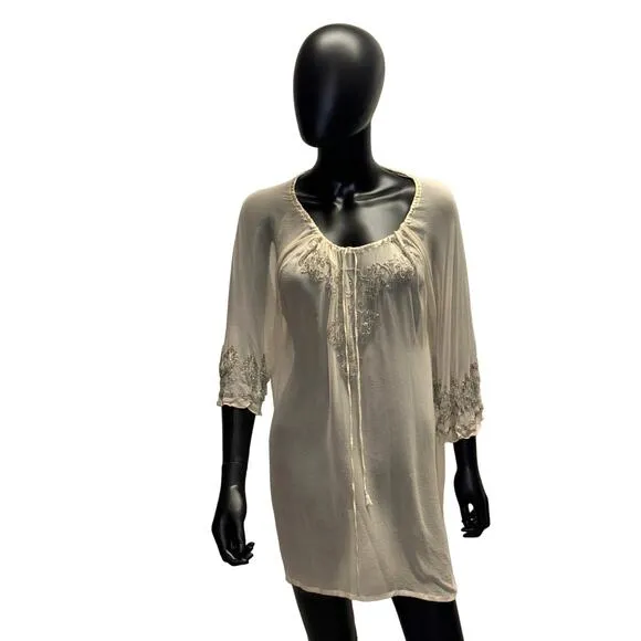 Chaudry KC Beaded Sleeve Sheer Nude Cover Up Dress Sz S
