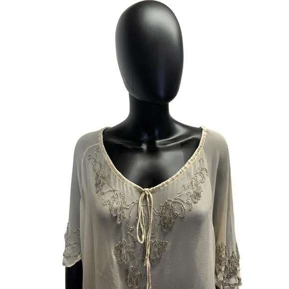 Chaudry KC Beaded Sleeve Sheer Nude Cover Up Dress Sz S
