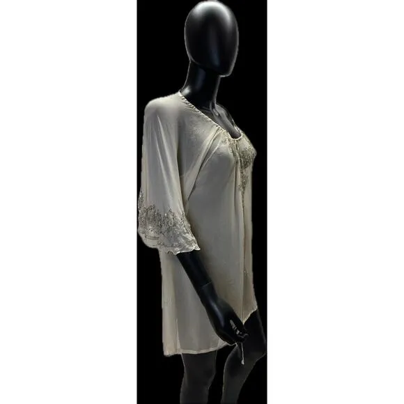 Chaudry KC Beaded Sleeve Sheer Nude Cover Up Dress Sz S