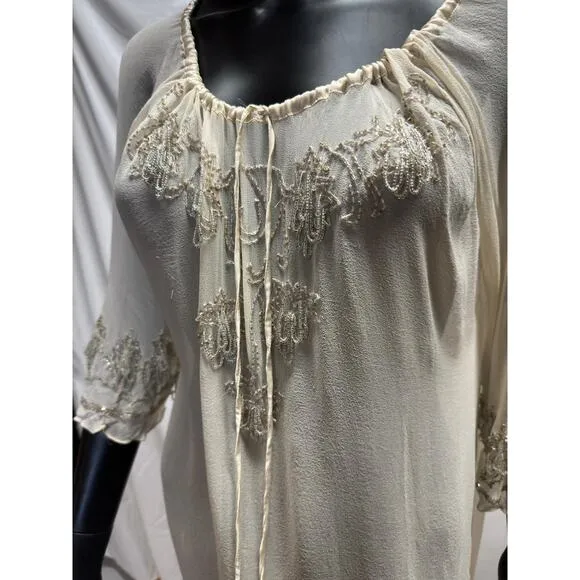 Chaudry KC Beaded Sleeve Sheer Nude Cover Up Dress Sz S