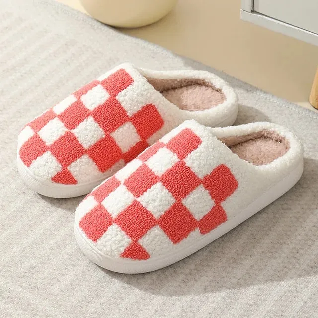 Check Pattern Indoor Warm Plush Slippers