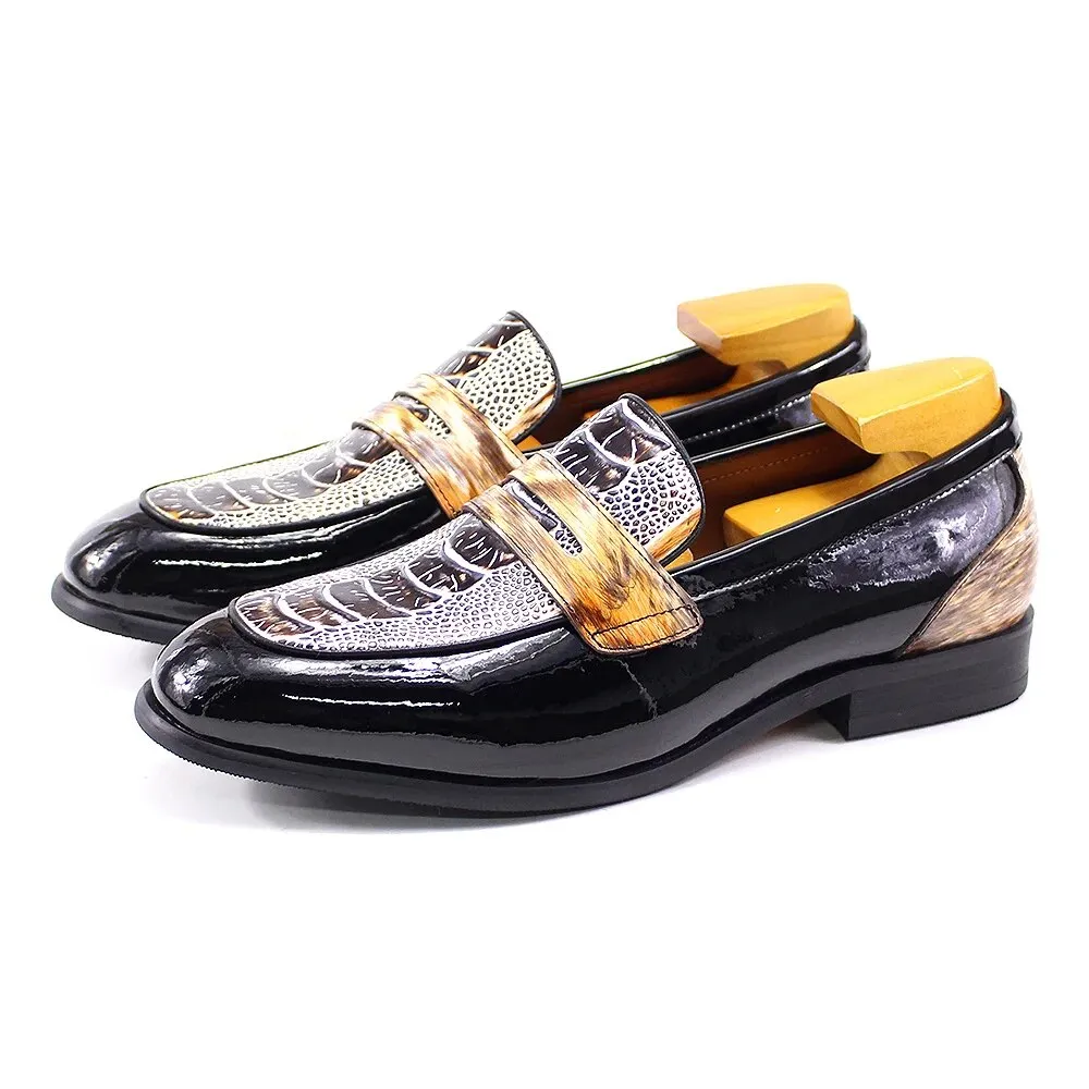 Crocodile Pattern Patent Leather Slip-On Loafers