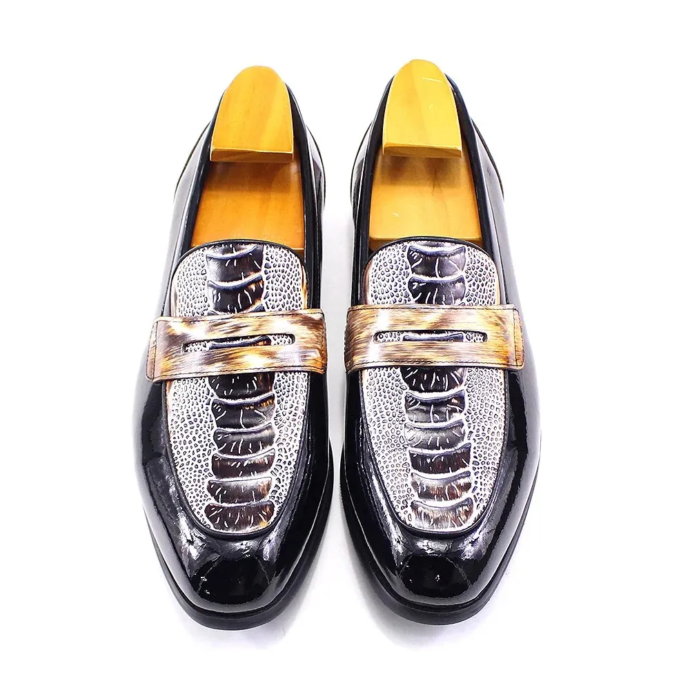 Crocodile Pattern Patent Leather Slip-On Loafers