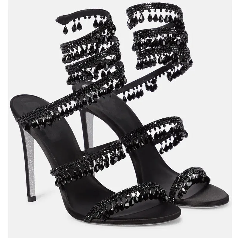 Crystal Pendant Snake Wrapped Rhinestone Heels