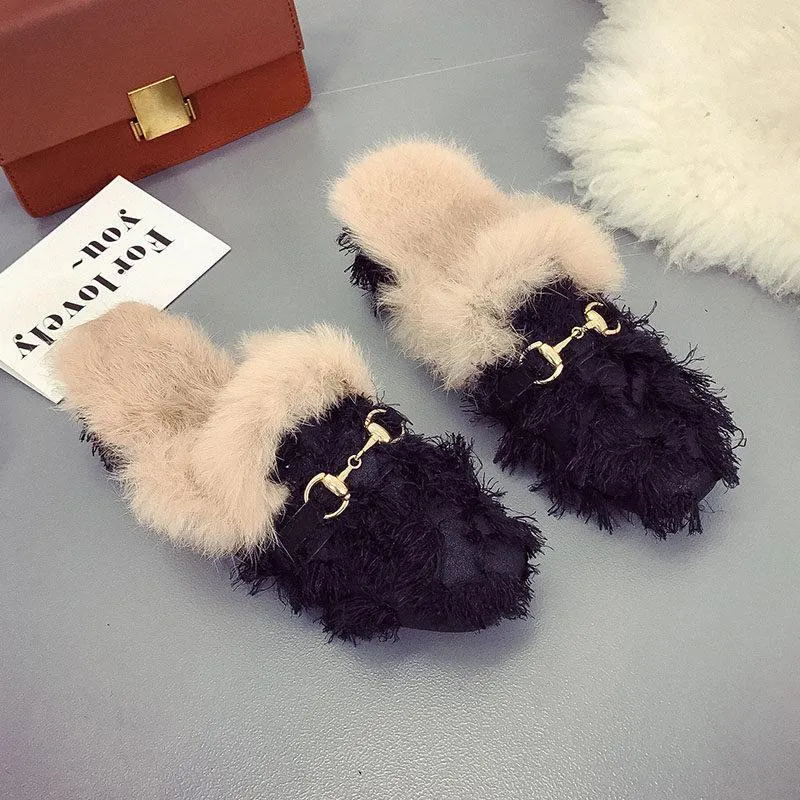 Distressed Fringe Fur Fashion Slippers
