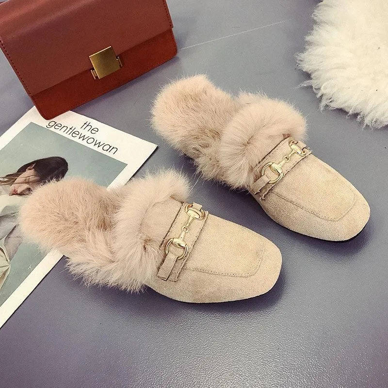 Distressed Fringe Fur Fashion Slippers
