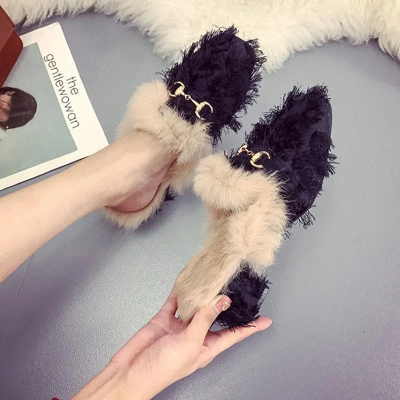 Distressed Fringe Fur Fashion Slippers