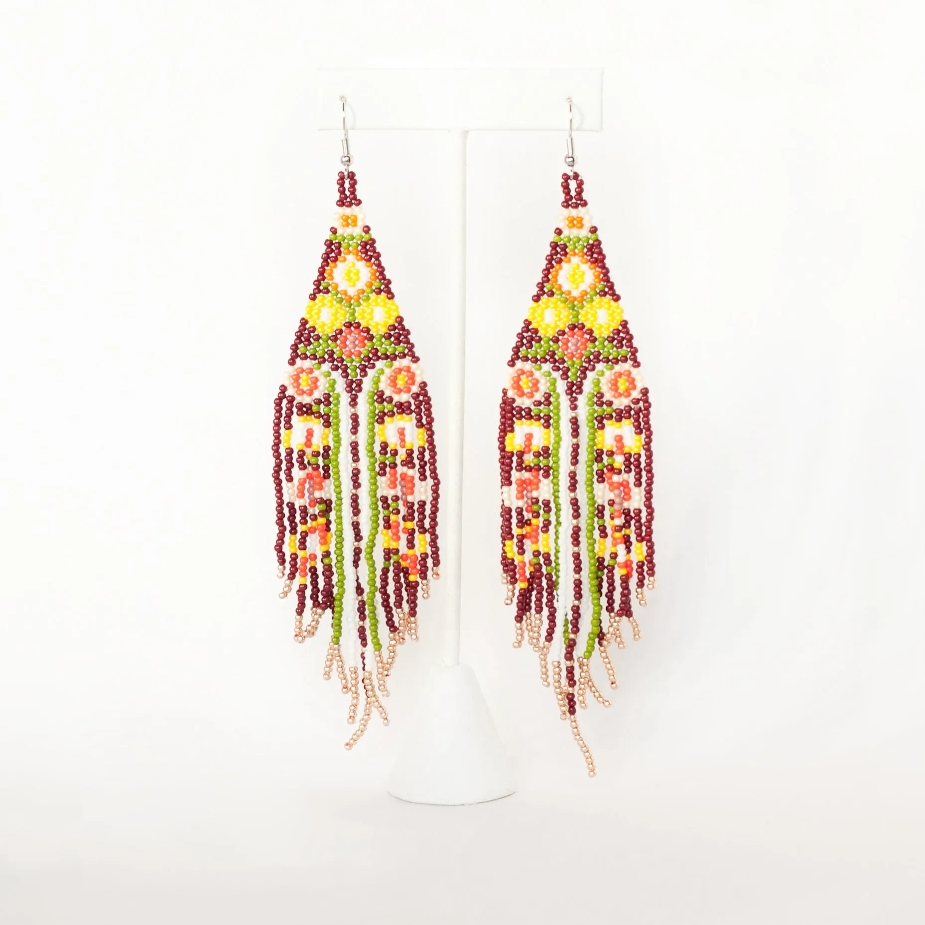 Earring Beaded Dangle Fringe Boho Hippie Style Flower Power
