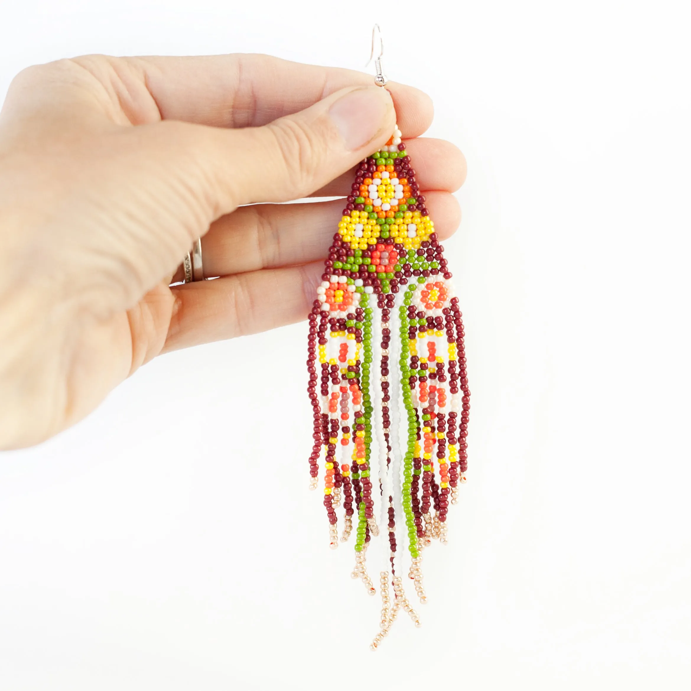Earring Beaded Dangle Fringe Boho Hippie Style Flower Power