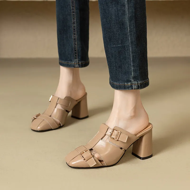 Embroidered Leather High Heel Slippers