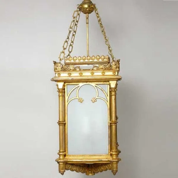 English Gothic Revival Gilt and Zinc Hanging Three-Light Hall Lantern