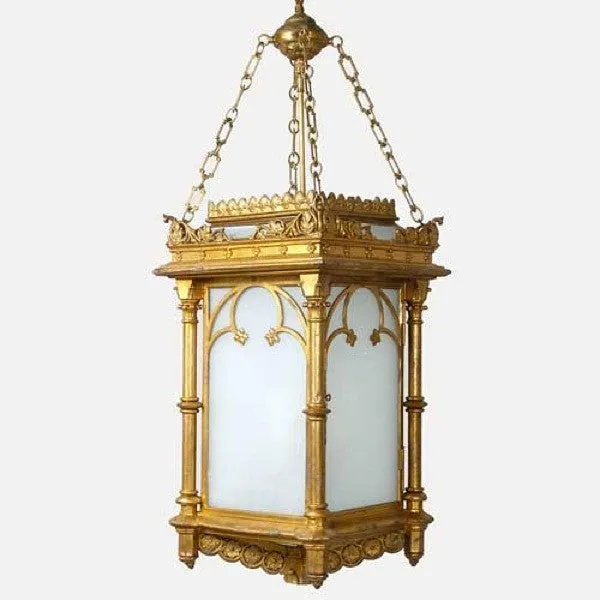 English Gothic Revival Gilt and Zinc Hanging Three-Light Hall Lantern