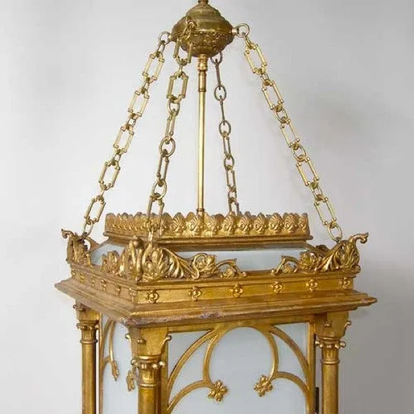 English Gothic Revival Gilt and Zinc Hanging Three-Light Hall Lantern