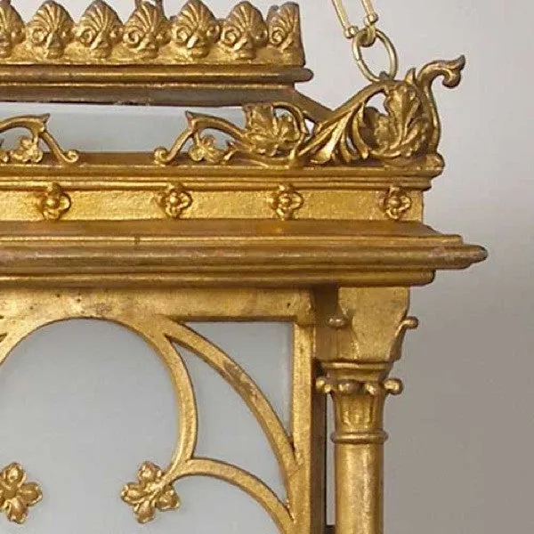 English Gothic Revival Gilt and Zinc Hanging Three-Light Hall Lantern