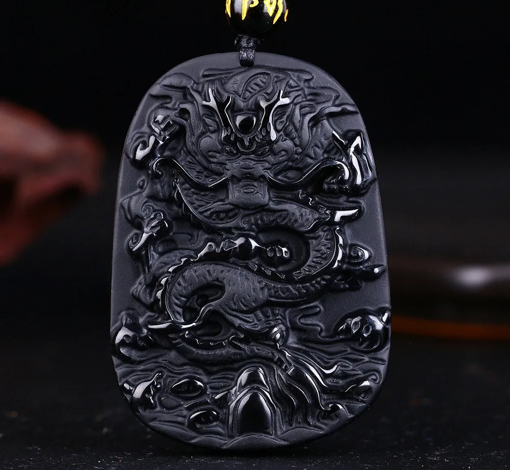 Feng Shui Necklace | Dragon Necklace | Dragon Pendant | Obsidian Necklace | Pi Xui Necklace | Obsidian Pendant | Black Beaded Necklace
