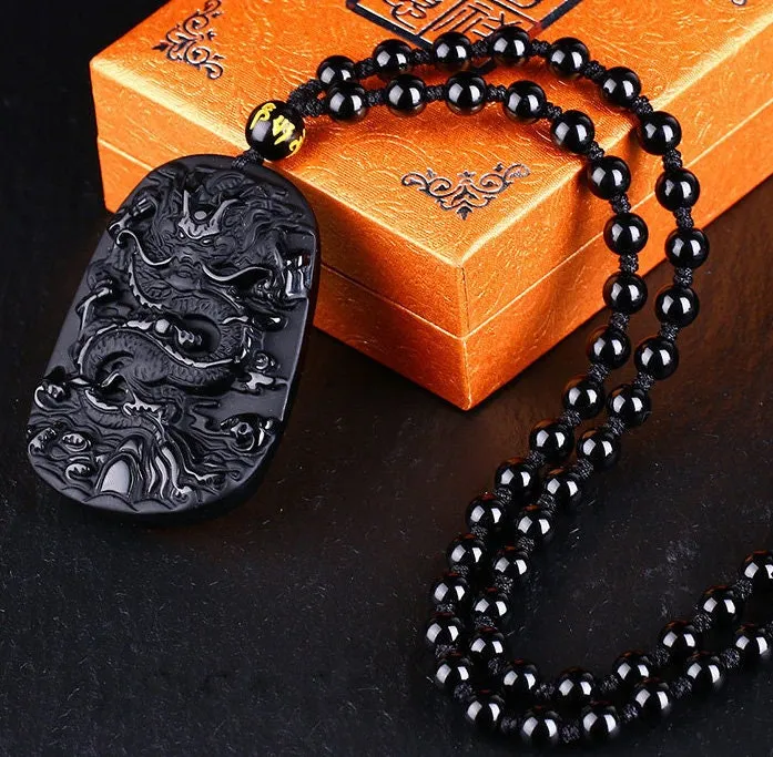 Feng Shui Necklace | Dragon Necklace | Dragon Pendant | Obsidian Necklace | Pi Xui Necklace | Obsidian Pendant | Black Beaded Necklace