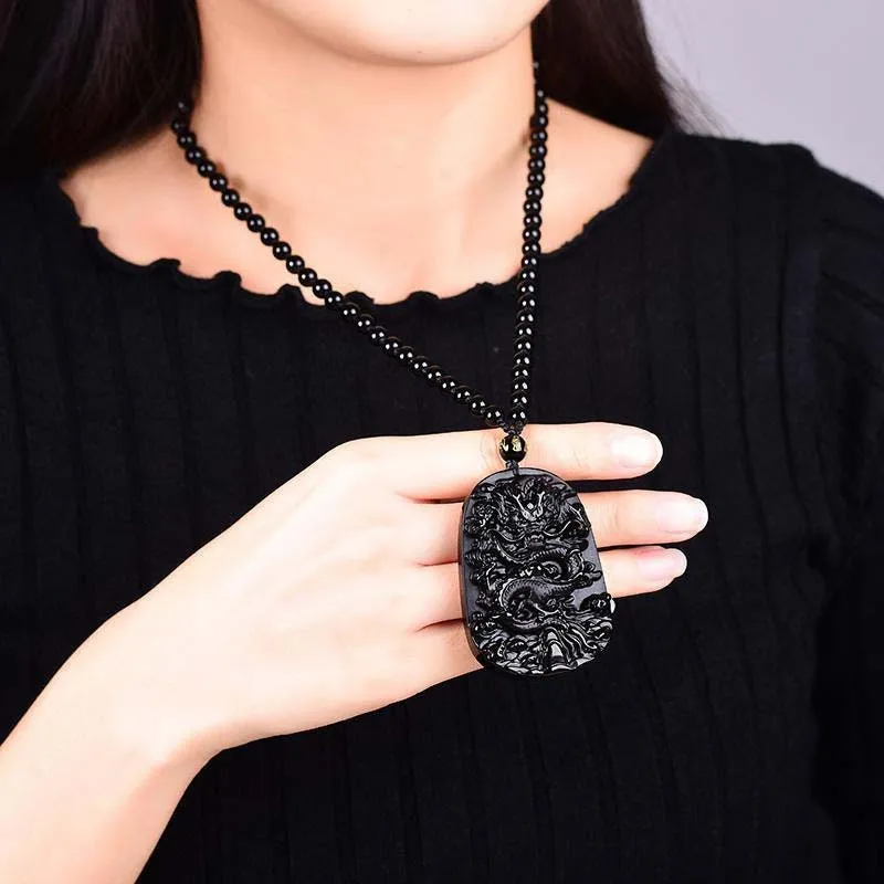 Feng Shui Necklace | Dragon Necklace | Dragon Pendant | Obsidian Necklace | Pi Xui Necklace | Obsidian Pendant | Black Beaded Necklace