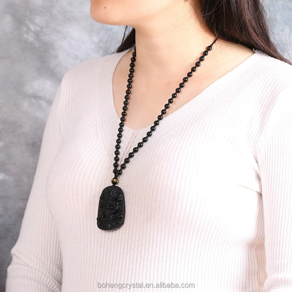 Feng Shui Necklace | Dragon Necklace | Dragon Pendant | Obsidian Necklace | Pi Xui Necklace | Obsidian Pendant | Black Beaded Necklace