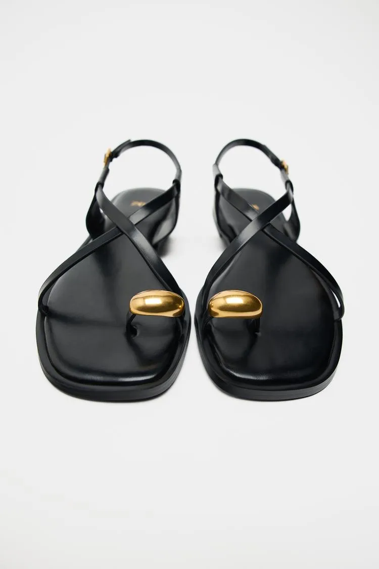 Flat Strap Sandals with Metal Adornment