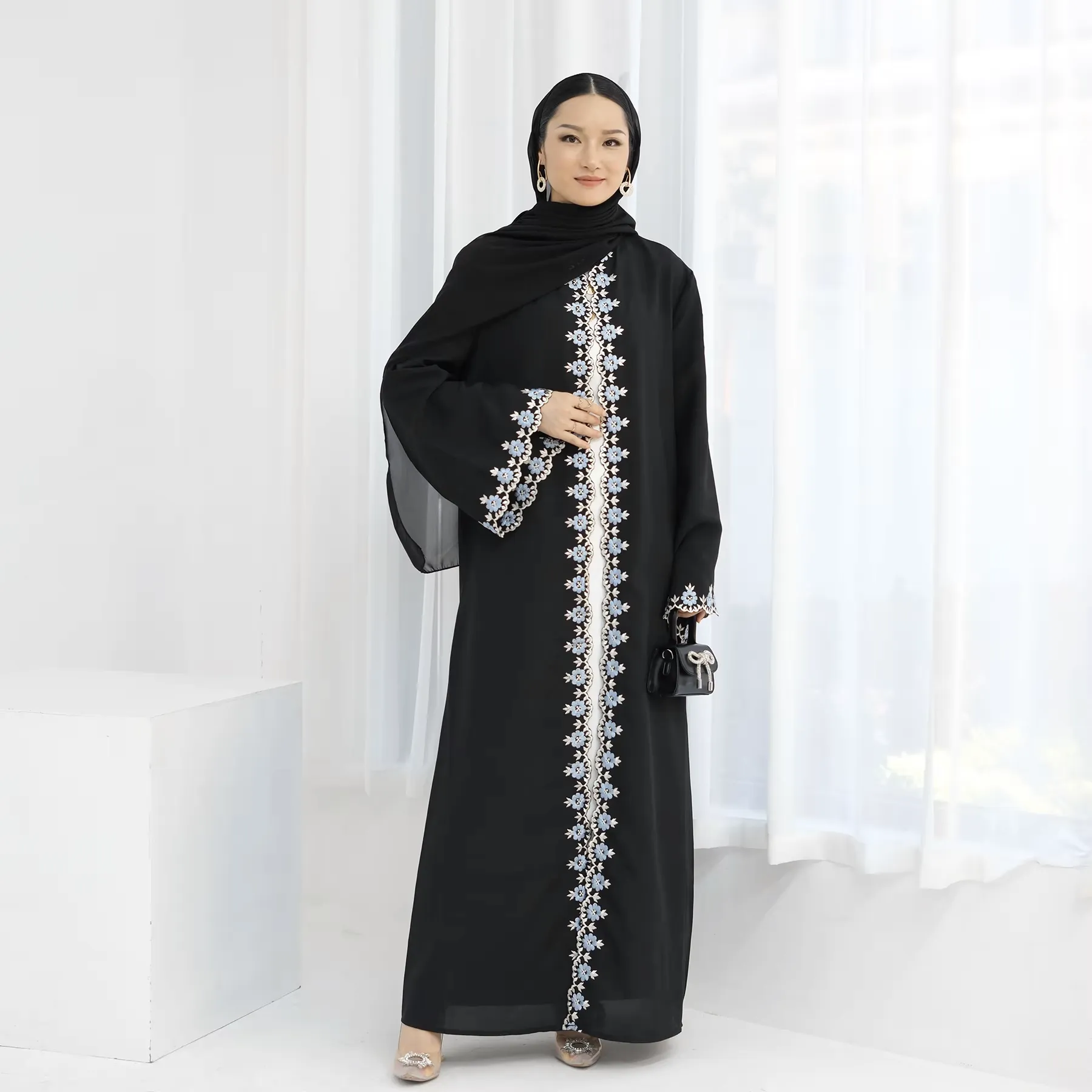 Flower Embroidery Luxury Open Abaya