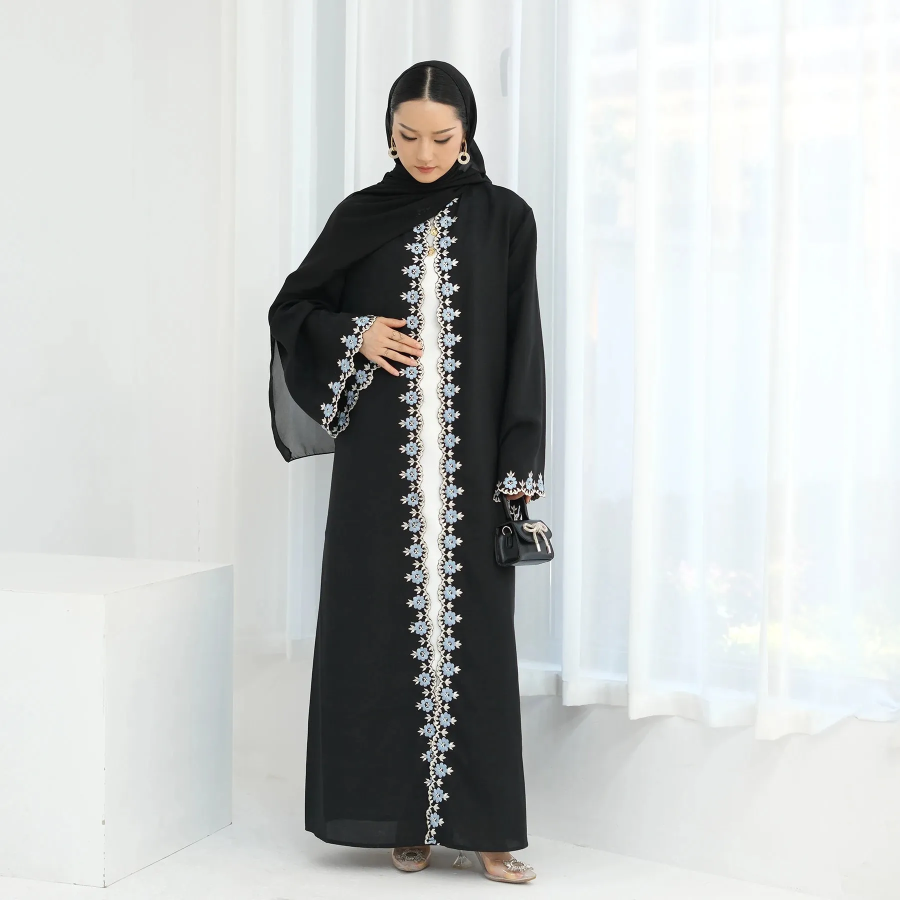 Flower Embroidery Luxury Open Abaya
