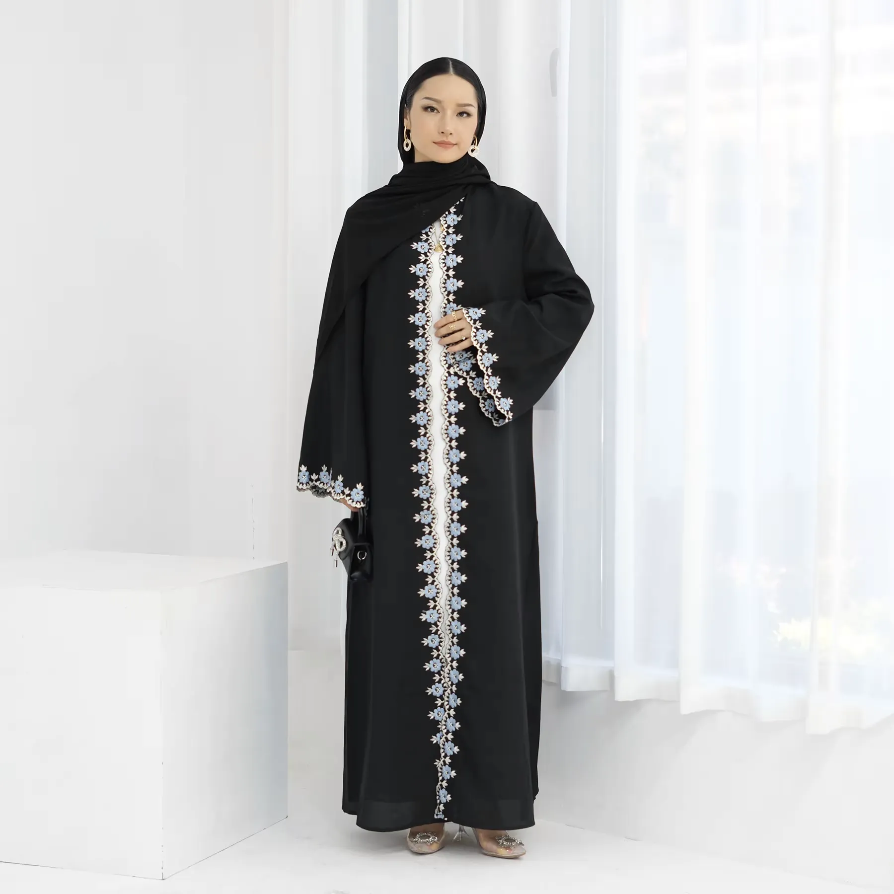 Flower Embroidery Luxury Open Abaya