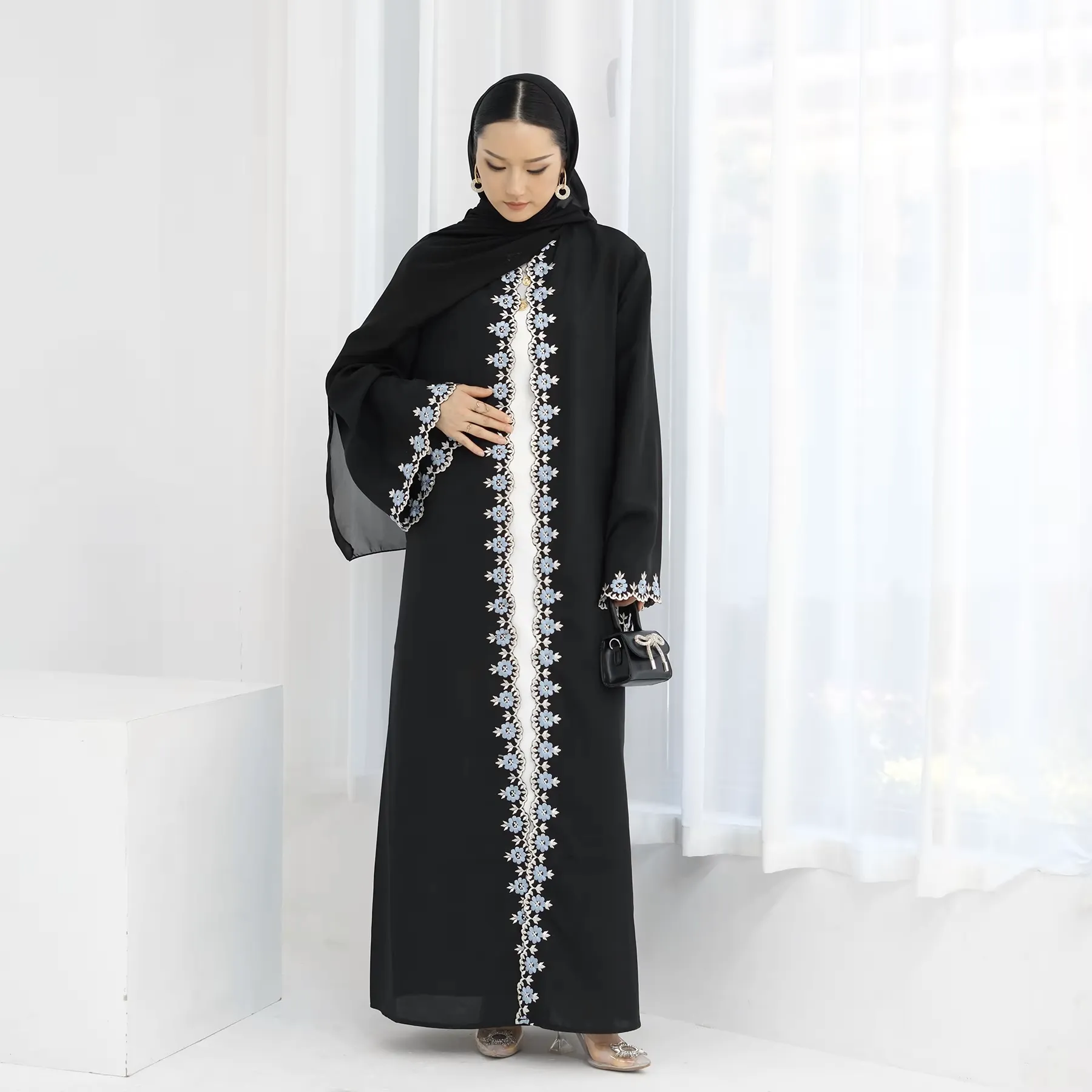 Flower Embroidery Luxury Open Abaya