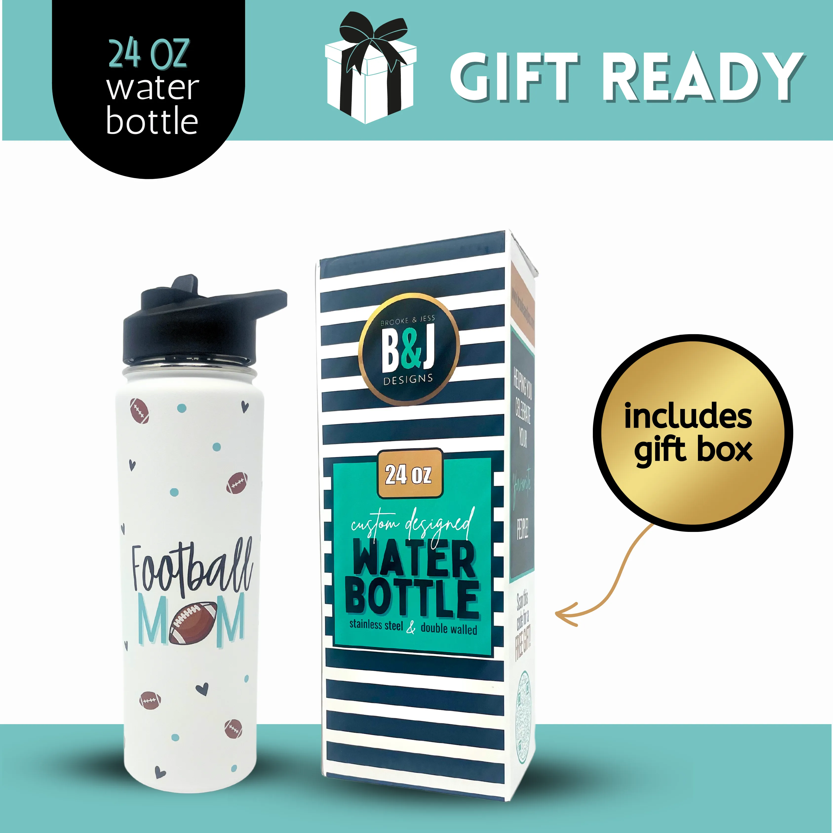 Football Mom Water Bottle Gift - Large Insulated Water Bottle with Straw - Stainless Steel Metal 24 oz Travel Cup for Mom, Mama, Mother, Wife, Women | Keeps Hot and Cold for Hours