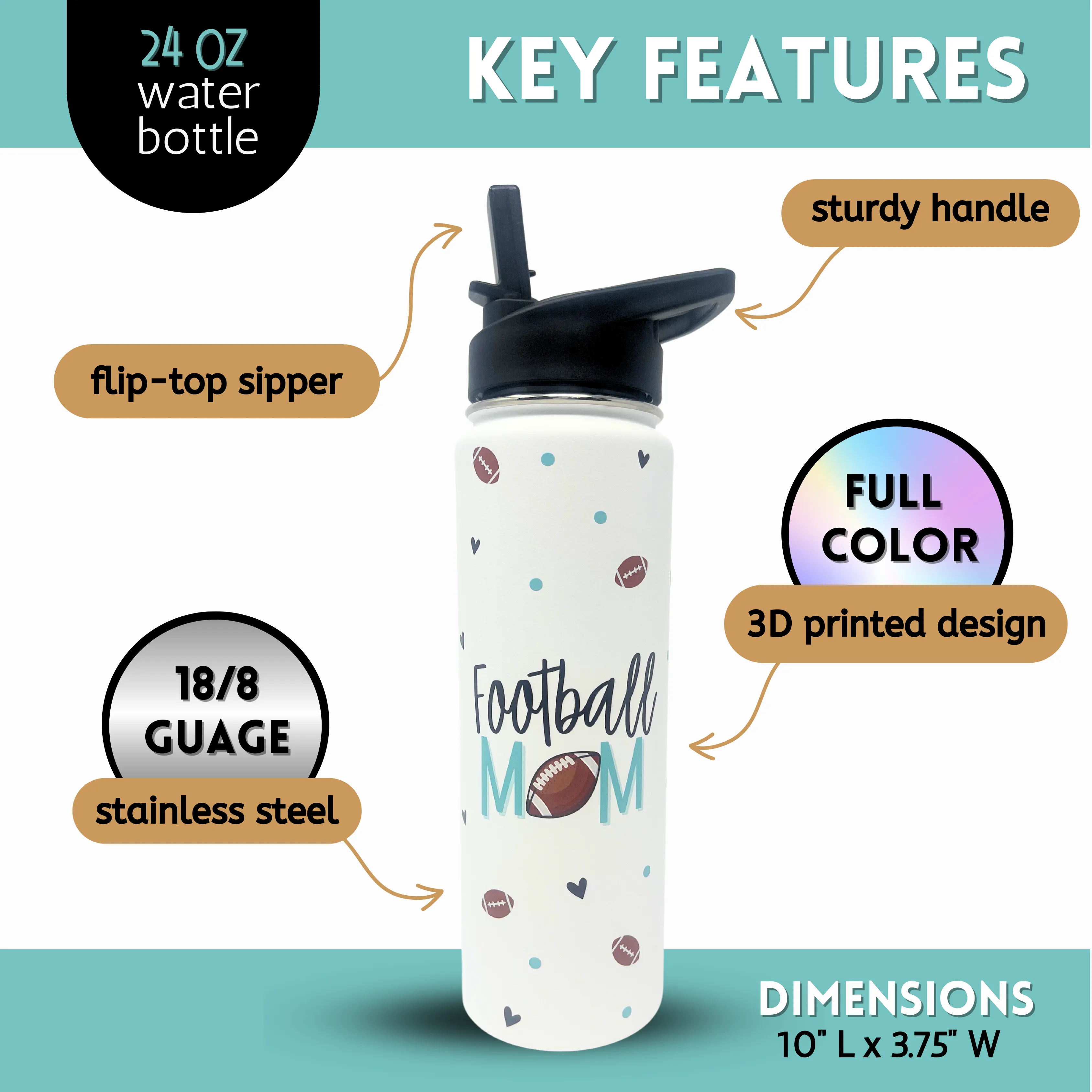 Football Mom Water Bottle Gift - Large Insulated Water Bottle with Straw - Stainless Steel Metal 24 oz Travel Cup for Mom, Mama, Mother, Wife, Women | Keeps Hot and Cold for Hours