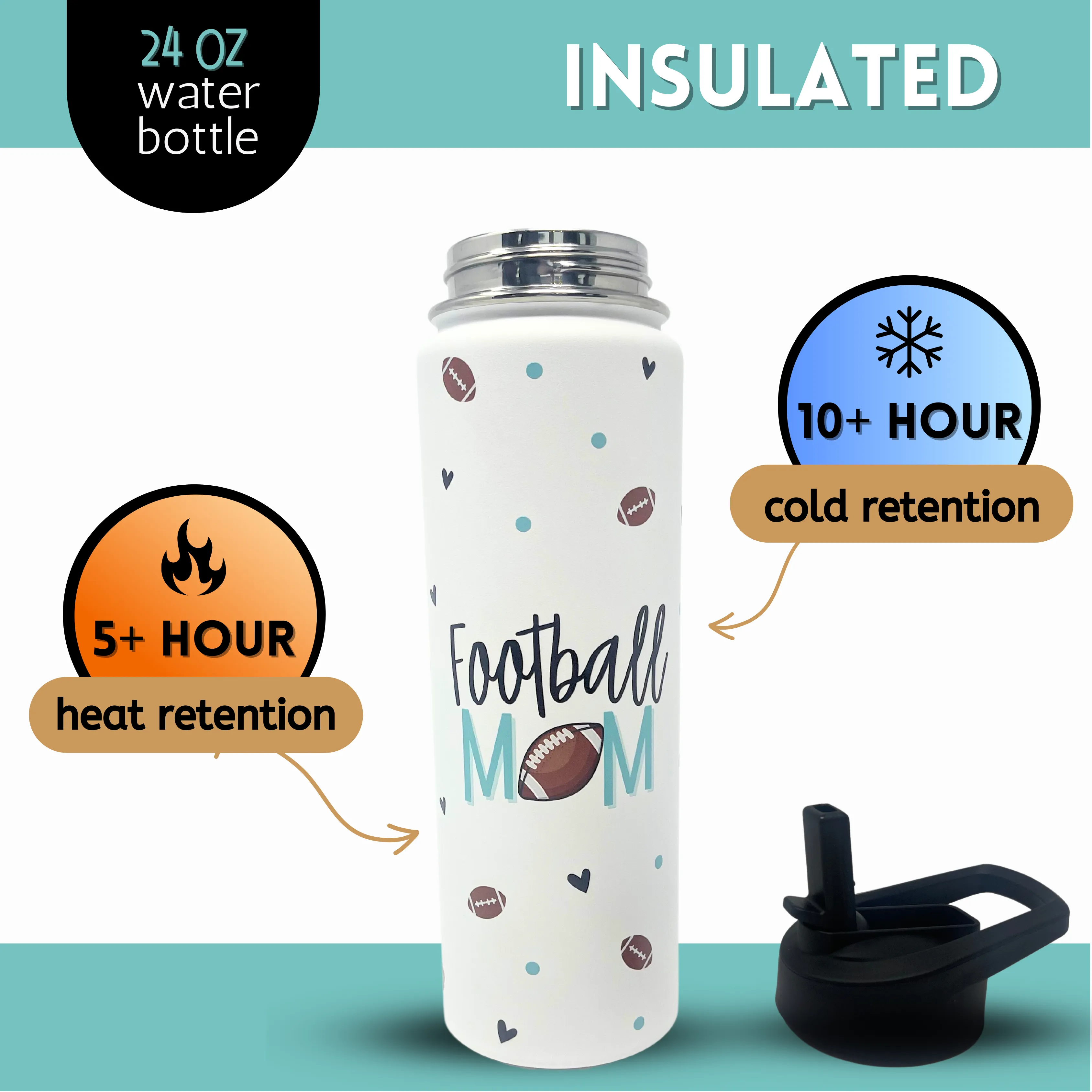 Football Mom Water Bottle Gift - Large Insulated Water Bottle with Straw - Stainless Steel Metal 24 oz Travel Cup for Mom, Mama, Mother, Wife, Women | Keeps Hot and Cold for Hours