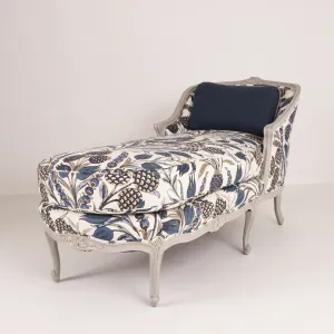 French Antique Chaise Lounge in Thibaut Cornelia Navy Fabric