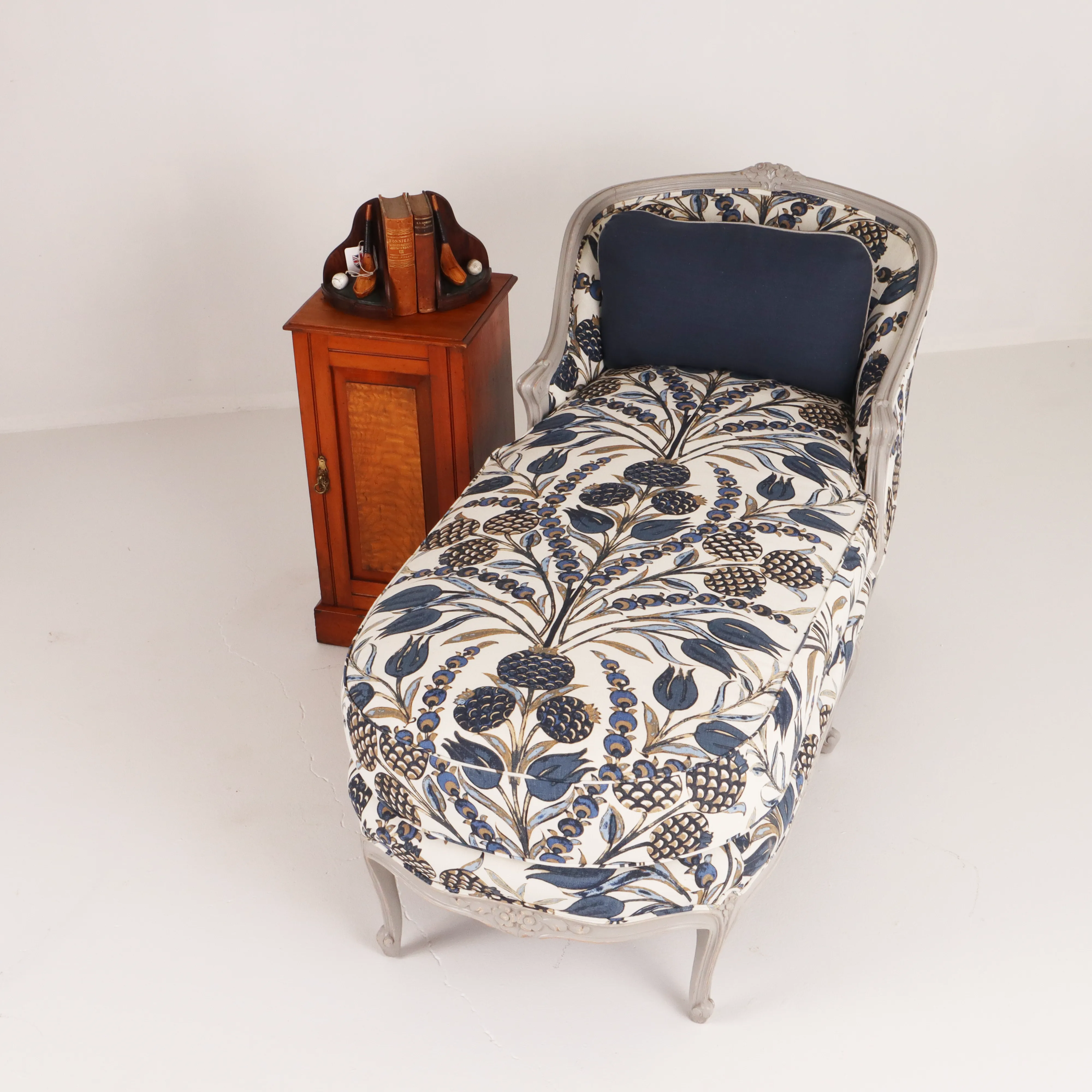 French Antique Chaise Lounge in Thibaut Cornelia Navy Fabric