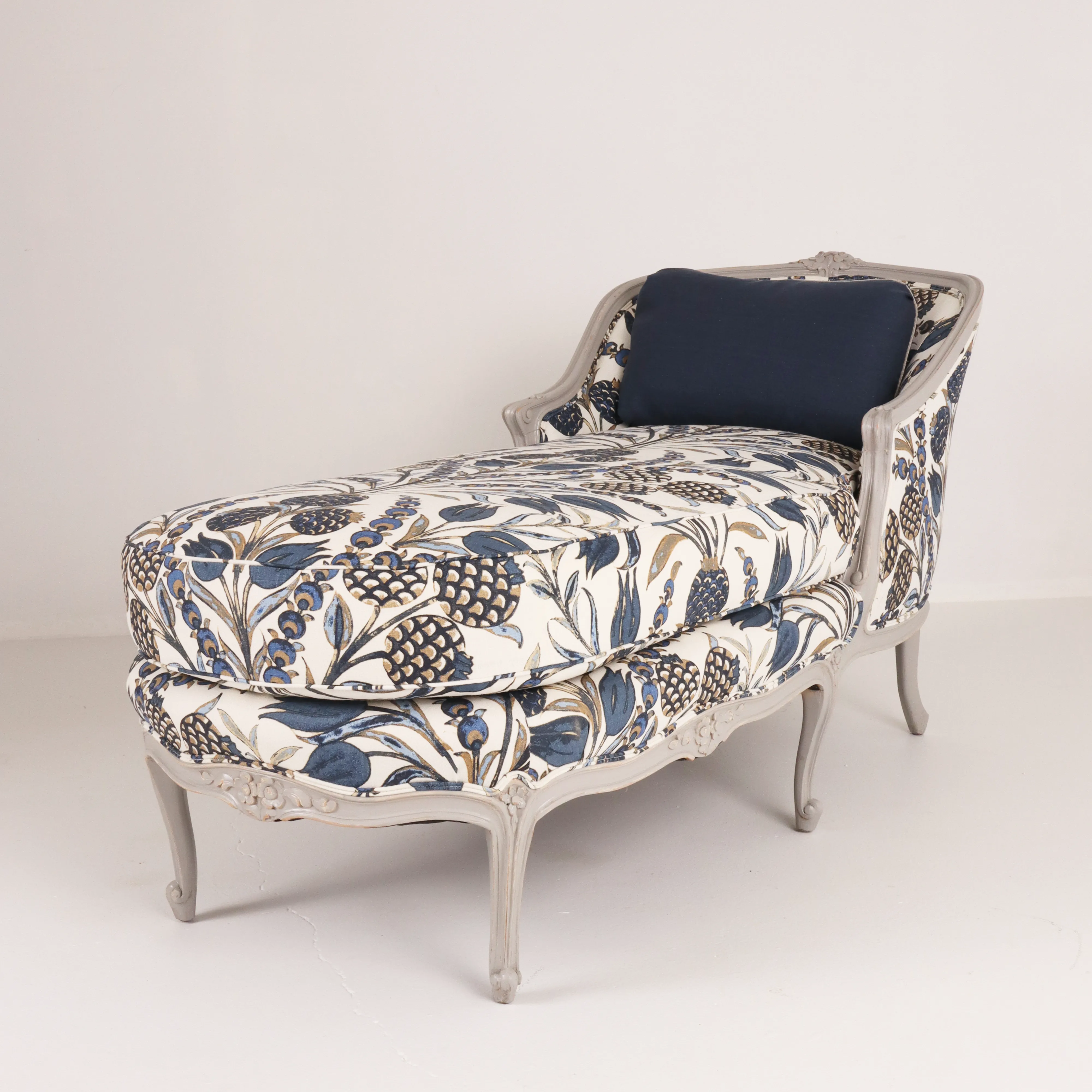 French Antique Chaise Lounge in Thibaut Cornelia Navy Fabric