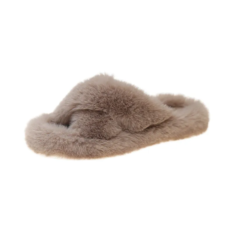Furry Slippers for Women, Flat and Thick-soled Warm Slippers for Outdoor Wearing in Autumn and Winter C-241120-2
