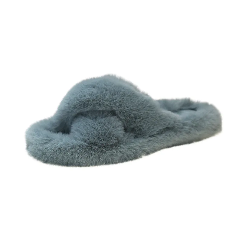 Furry Slippers for Women, Flat and Thick-soled Warm Slippers for Outdoor Wearing in Autumn and Winter C-241120-2