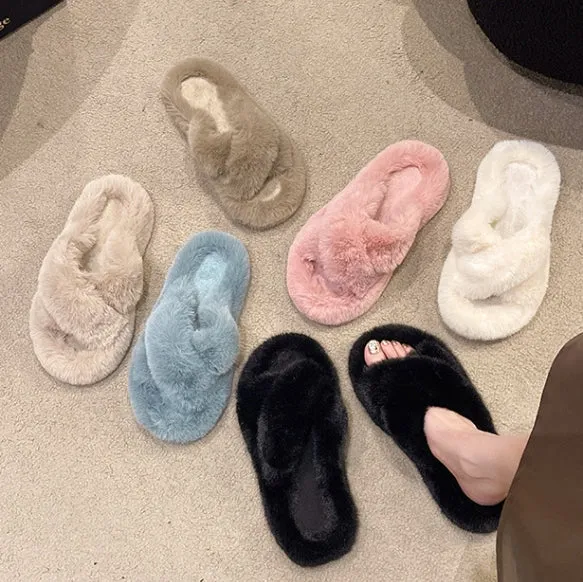 Furry Slippers for Women, Flat and Thick-soled Warm Slippers for Outdoor Wearing in Autumn and Winter C-241120-2