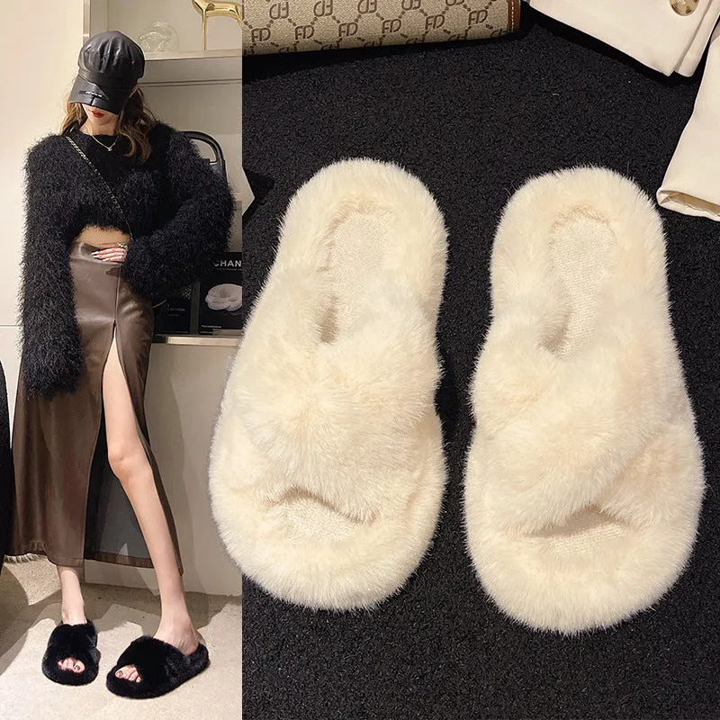 Furry Slippers for Women, Flat and Thick-soled Warm Slippers for Outdoor Wearing in Autumn and Winter C-241120-2