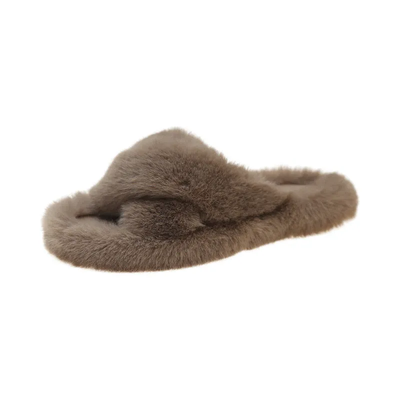 Furry Slippers for Women, Flat and Thick-soled Warm Slippers for Outdoor Wearing in Autumn and Winter C-241120-2