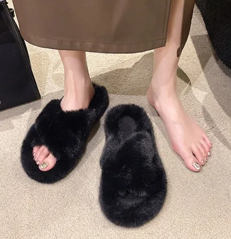 Furry Slippers for Women, Flat and Thick-soled Warm Slippers for Outdoor Wearing in Autumn and Winter C-241120-2