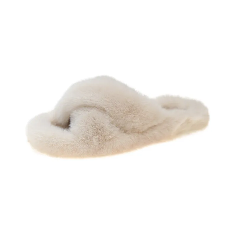 Furry Slippers for Women, Flat and Thick-soled Warm Slippers for Outdoor Wearing in Autumn and Winter C-241120-2