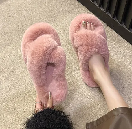 Furry Slippers for Women, Flat and Thick-soled Warm Slippers for Outdoor Wearing in Autumn and Winter C-241120-2