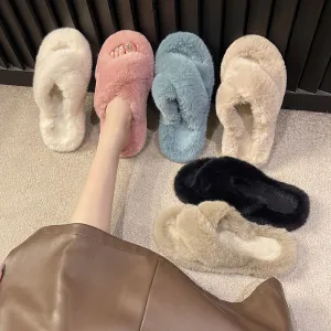 Furry Slippers for Women, Flat and Thick-soled Warm Slippers for Outdoor Wearing in Autumn and Winter C-241120-2