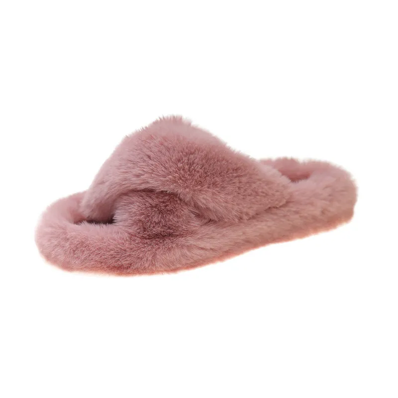 Furry Slippers for Women, Flat and Thick-soled Warm Slippers for Outdoor Wearing in Autumn and Winter C-241120-2