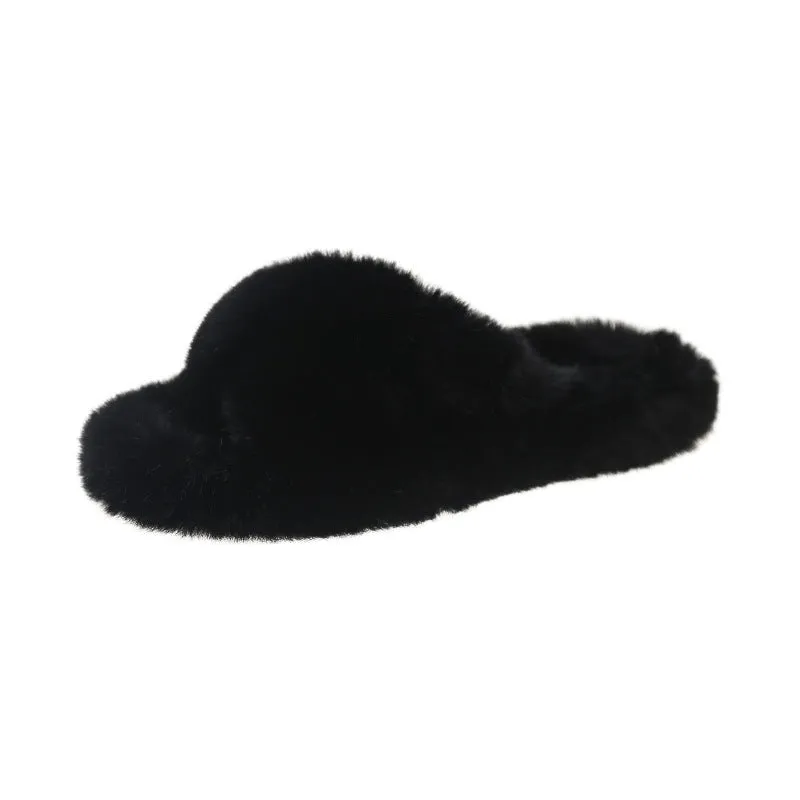 Furry Slippers for Women, Flat and Thick-soled Warm Slippers for Outdoor Wearing in Autumn and Winter C-241120-2